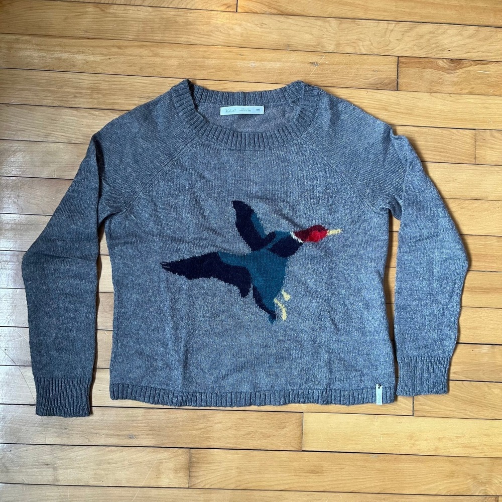 Woolrich Womens Frost Grey Duck Bird Wool Mohair Blend Intarsia Sweater Medium